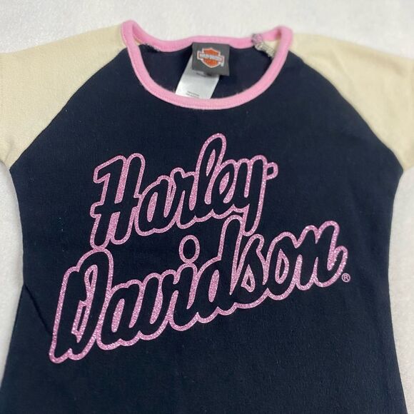 Harley-Davidson Little Girls' Short Sleeve Tee - Black Pink Glitter Logo Size 2T - Picture 2 of 6